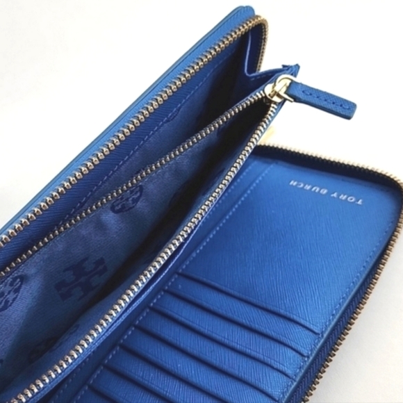 Tory Burch Wallet Wristlet Robinson Continental Leather Royal Blue Zip Around - Picture 11 of 14